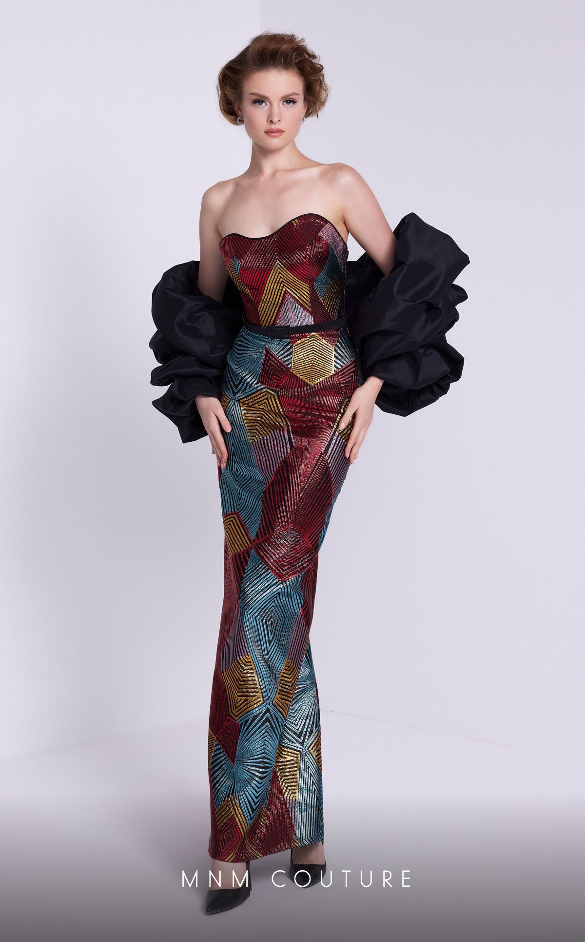 MNM Couture N0590 Fitted Long Formal Detachable Puff Sleeves Prom Dress