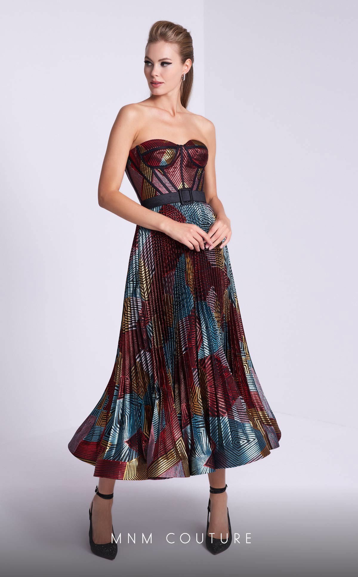 MNM Couture N0591 Pleated A Line Formal Tea Length Prom Dress