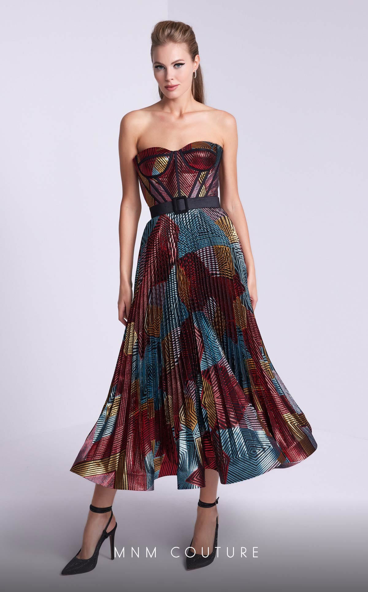 MNM Couture N0591 Pleated A Line Formal Tea Length Prom Dress