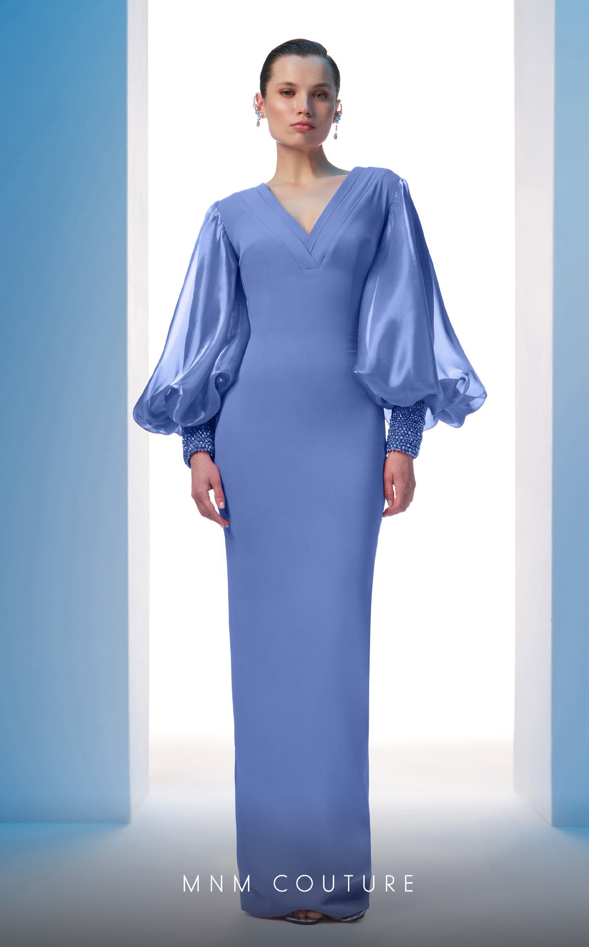 MNM Couture N0606 Beaded Long Sleeve Formal Pleated Evening Dress