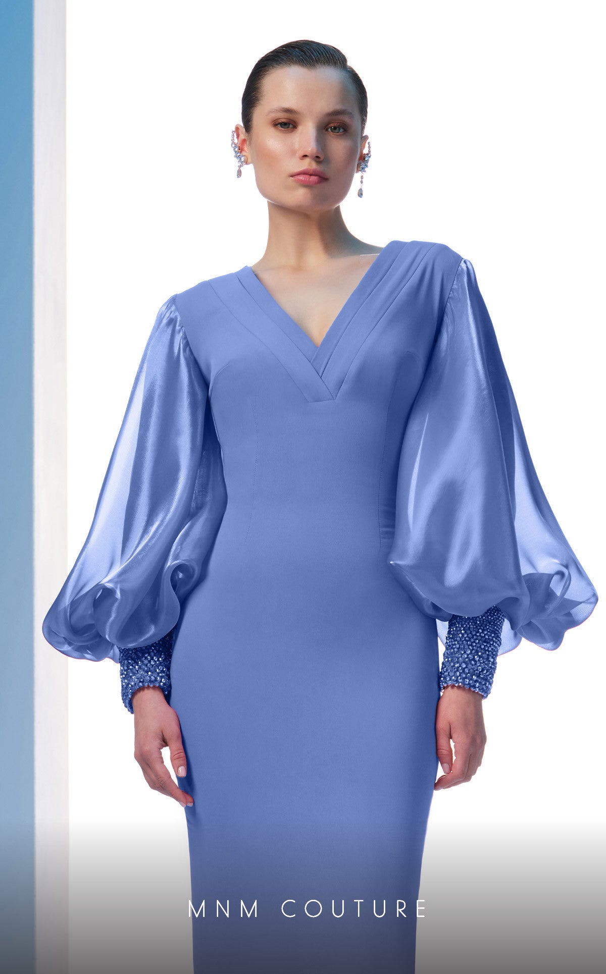 MNM Couture N0606 Beaded Long Sleeve Formal Pleated Evening Dress