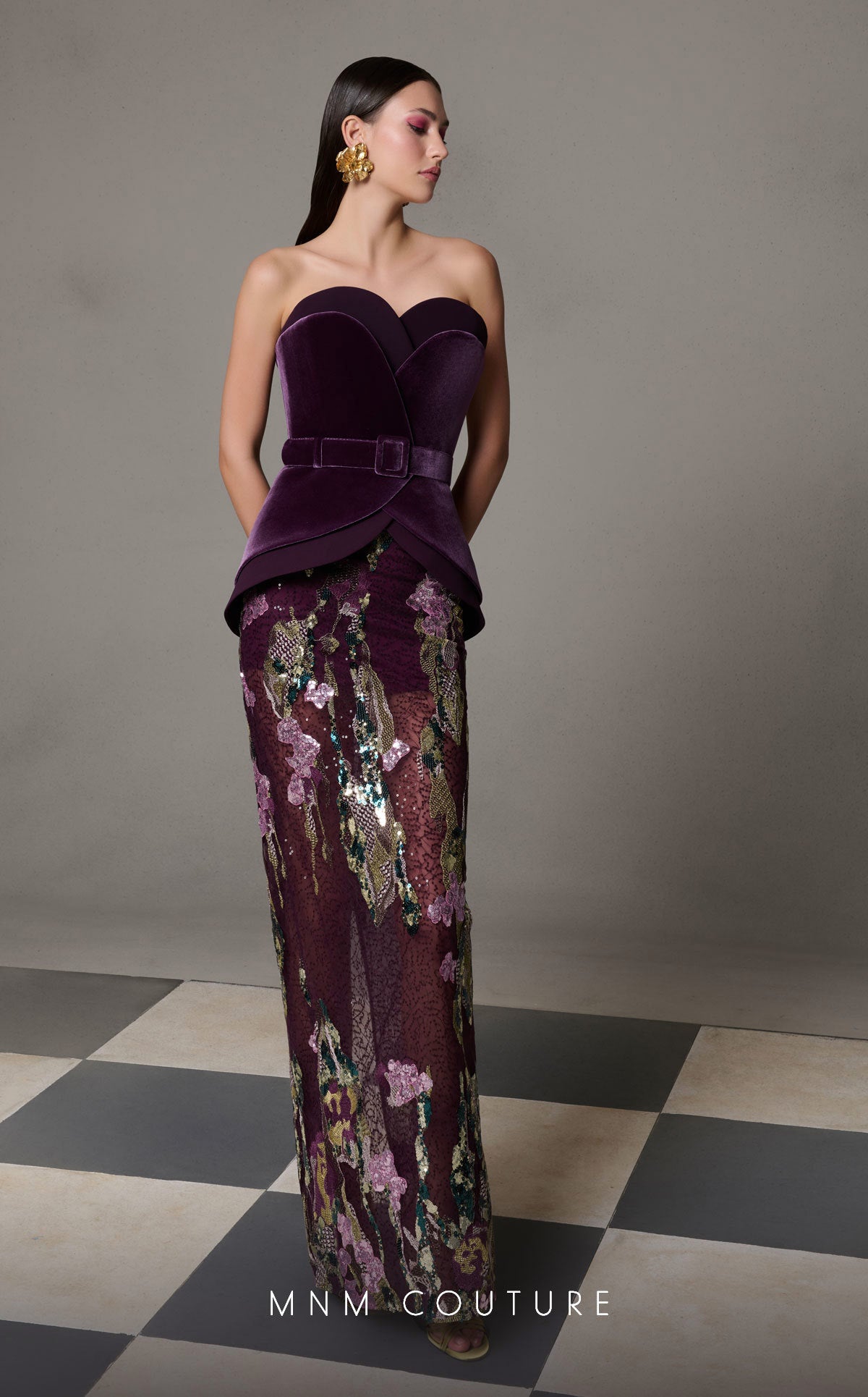 MNM Couture N0620 Fitted Long Formal Sequin Velvet Evening Dress