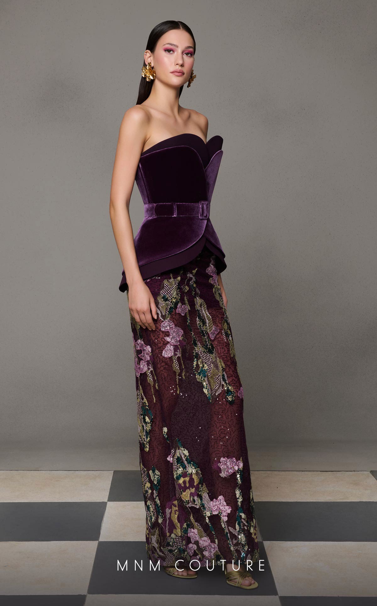 MNM Couture N0620 Fitted Long Formal Sequin Velvet Evening Dress
