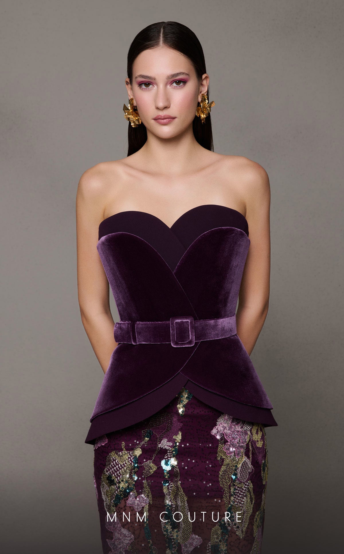 MNM Couture N0620 Fitted Long Formal Sequin Velvet Evening Dress