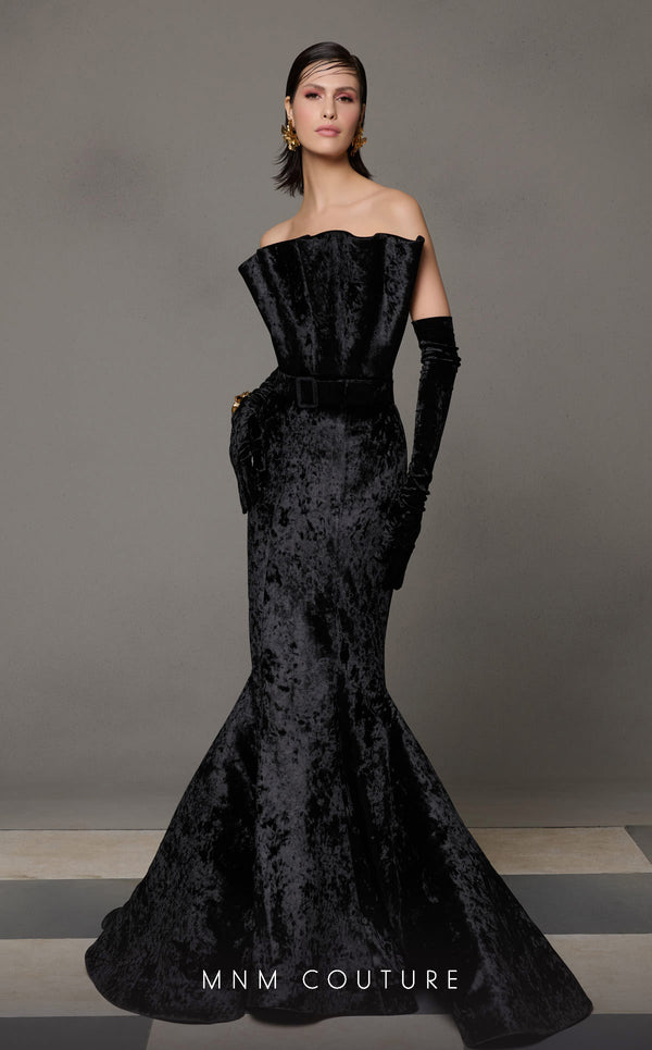 MNM Couture N0631 Pleated Velvet Long Mermaid Formal Prom Dress