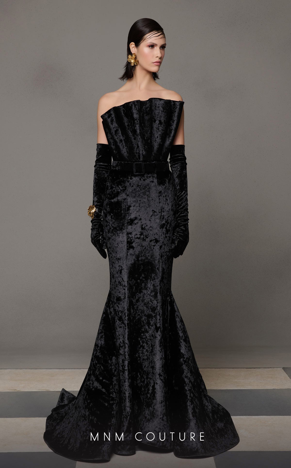 MNM Couture N0631 Pleated Velvet Long Mermaid Formal Prom Dress