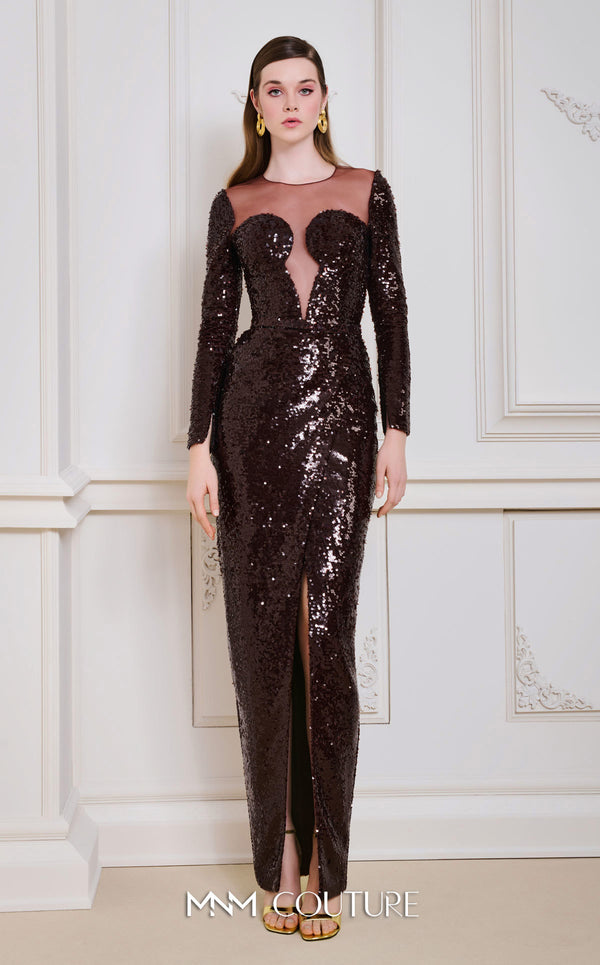 Long Sleeve Sequin Slit Formal Dress MNM Couture N0668