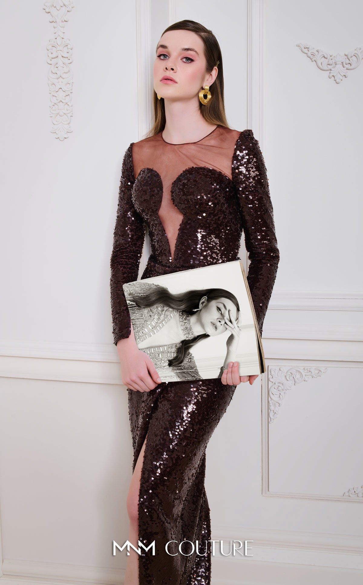 Formal Dresses Long Sleeve Sequin Slit Formal Dress MNM Couture N0668 Brown