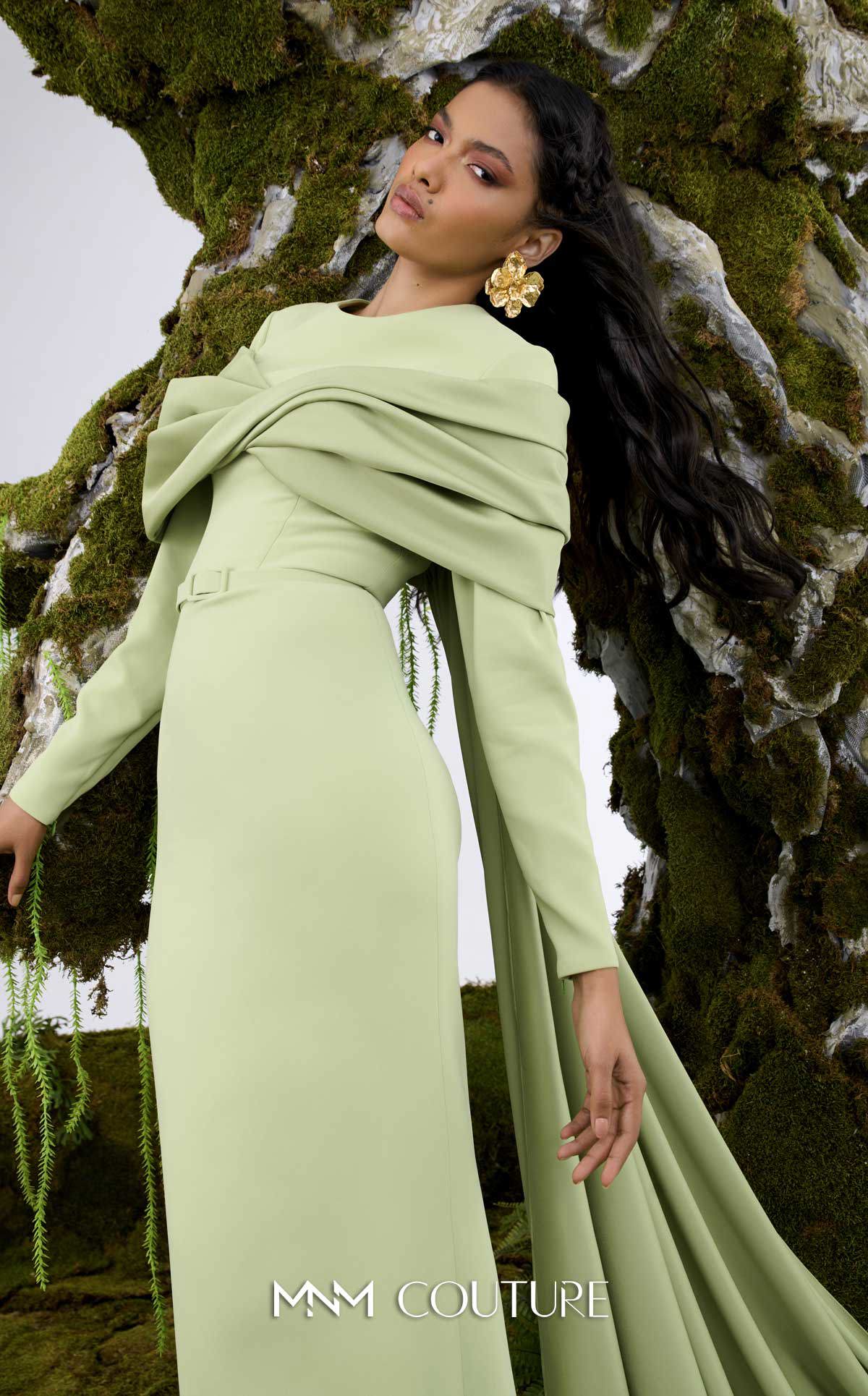 Mother of the Bride Dresses Long Sleeve Formal Fitted Cape Mother of the Bride Dress MNM Couture N0672 Olive