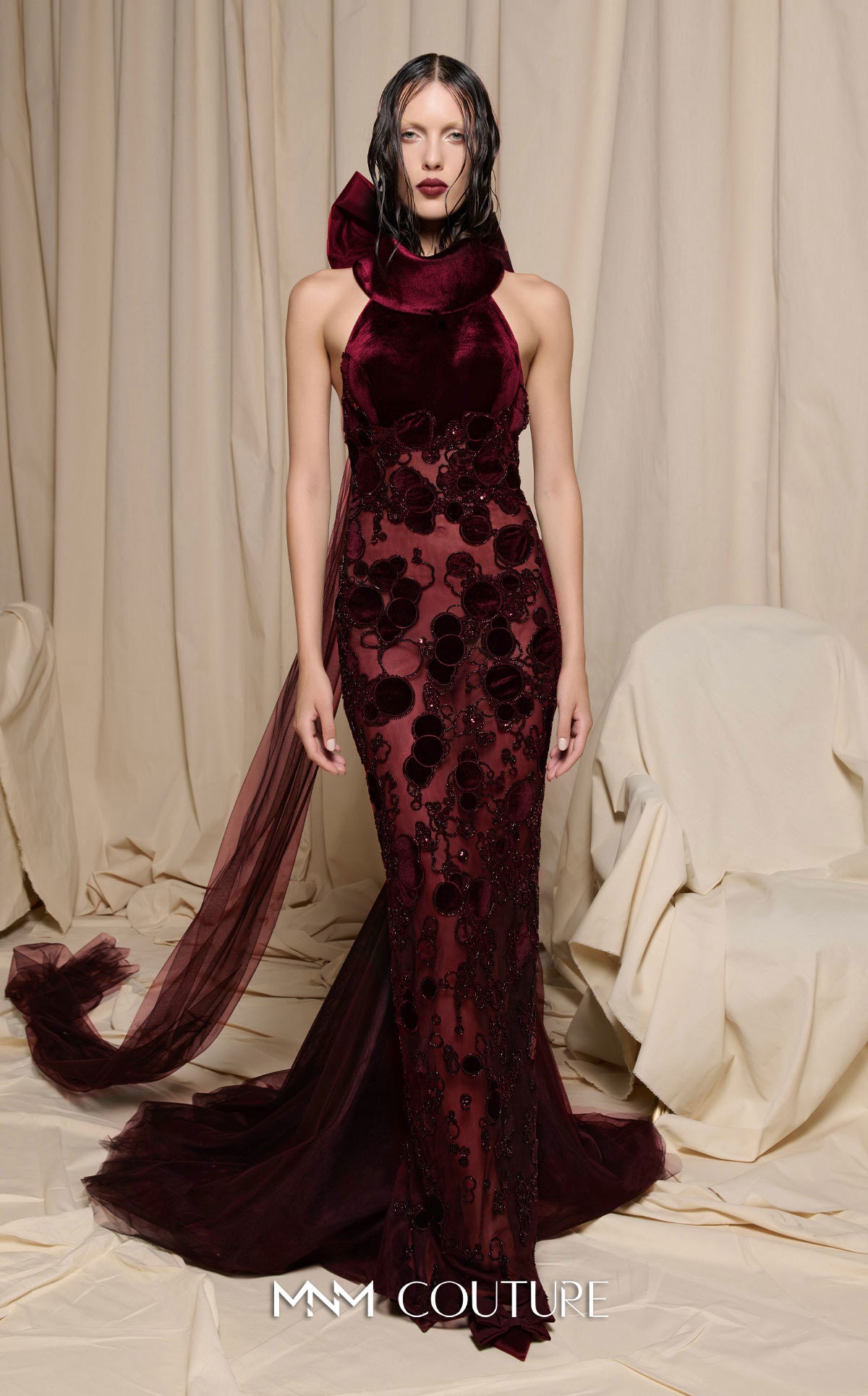Prom Dresses Velvet Long Formal Beaded Lace Applique Prom Dress MNM Couture N0699 Burgundy