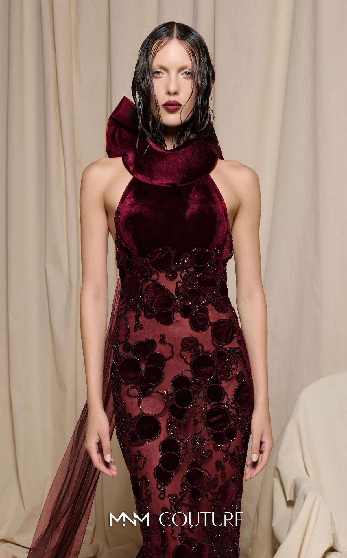 Prom Dresses Velvet Long Formal Beaded Lace Applique Prom Dress MNM Couture N0699 Burgundy