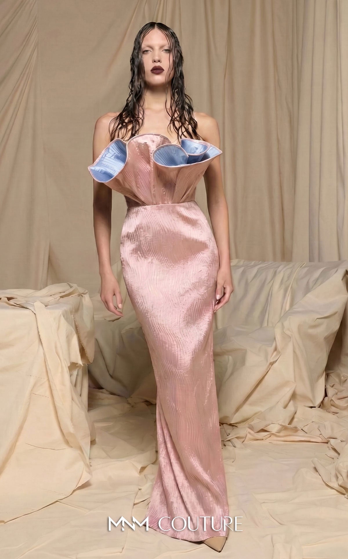 Strapless Curved Neck Floor-Length Satin Formal Sheath/Column MNM Couture N0704
