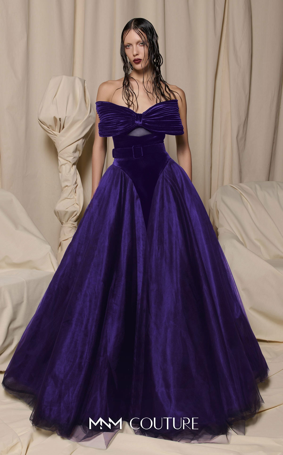 Prom Dresses Long Formal Beaded Lace Applique Velvet Prom Dress MNM Couture N0713 Purple