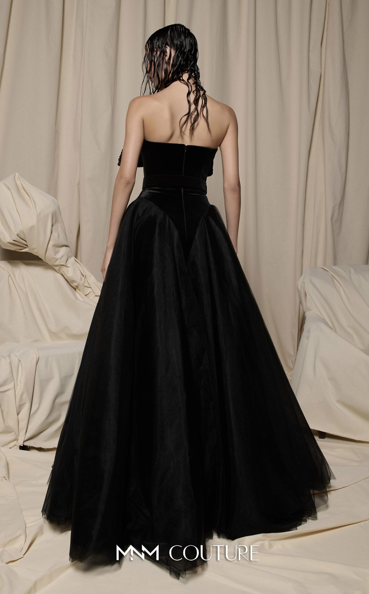 Prom Dresses Long Formal Beaded Lace Applique Velvet Prom Dress MNM Couture N0713 Black