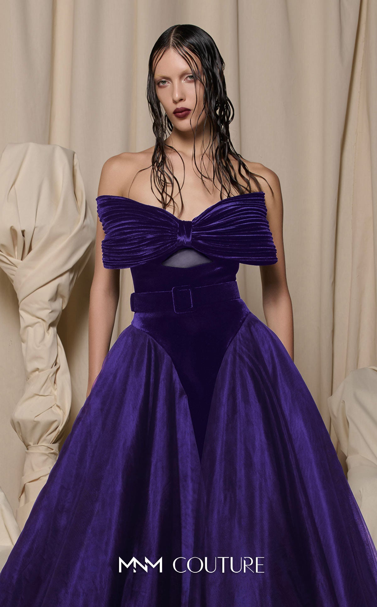 Prom Dresses Long Formal Beaded Lace Applique Velvet Prom Dress MNM Couture N0713 Purple