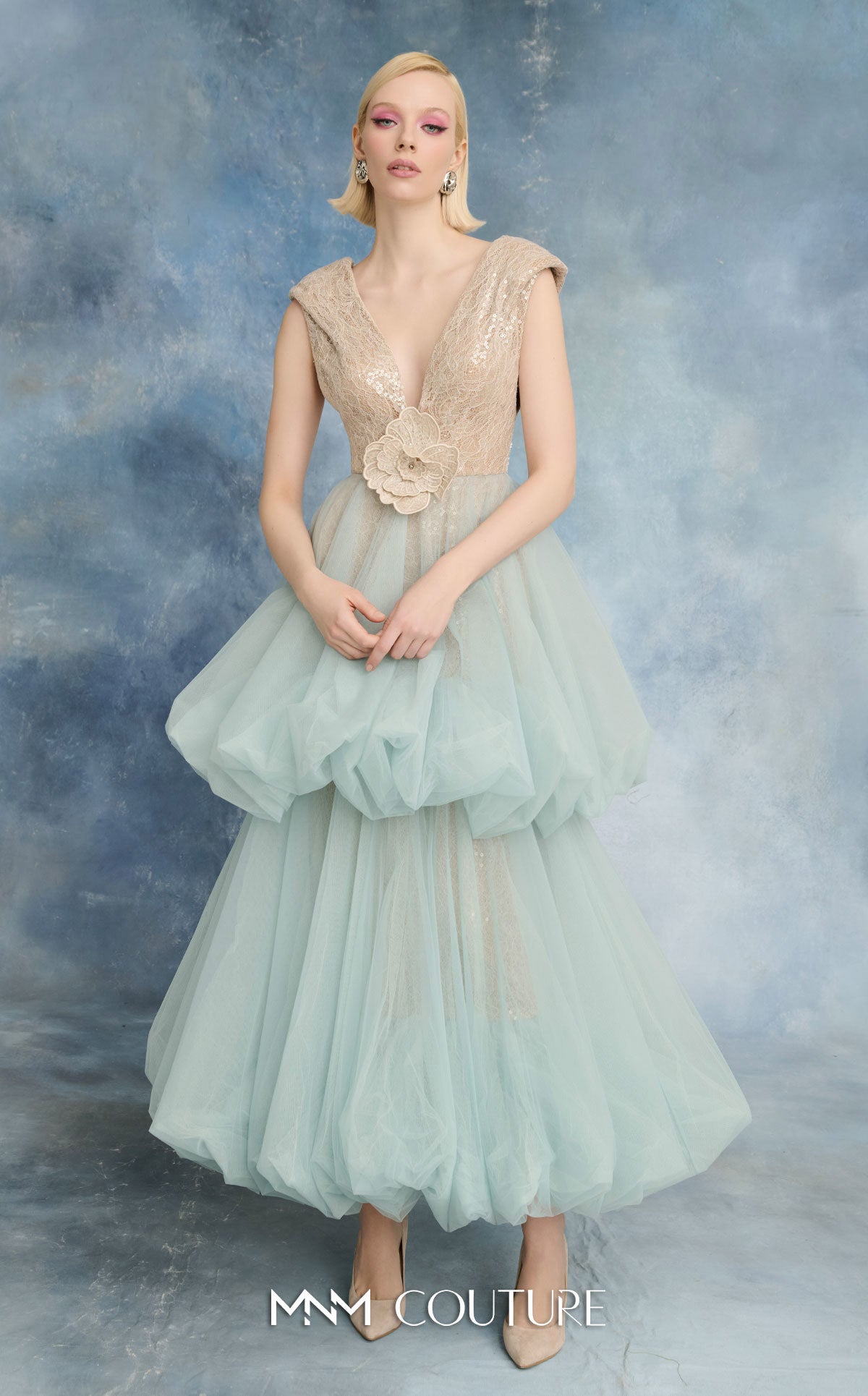 V-Neck Tea-Length Tulle Formal Ball Gown MNM Couture N0719