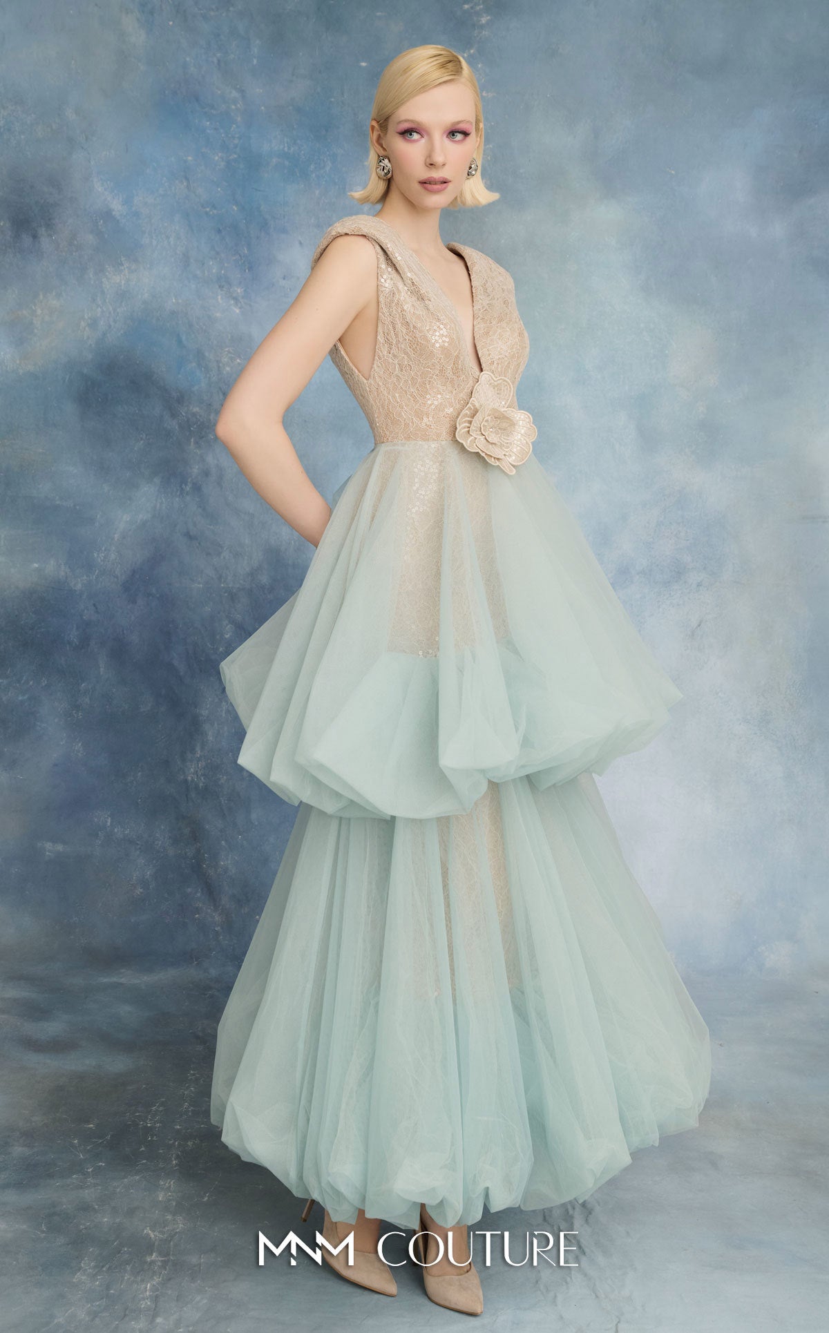 V-Neck Tea-Length Tulle Formal Ball Gown MNM Couture N0719