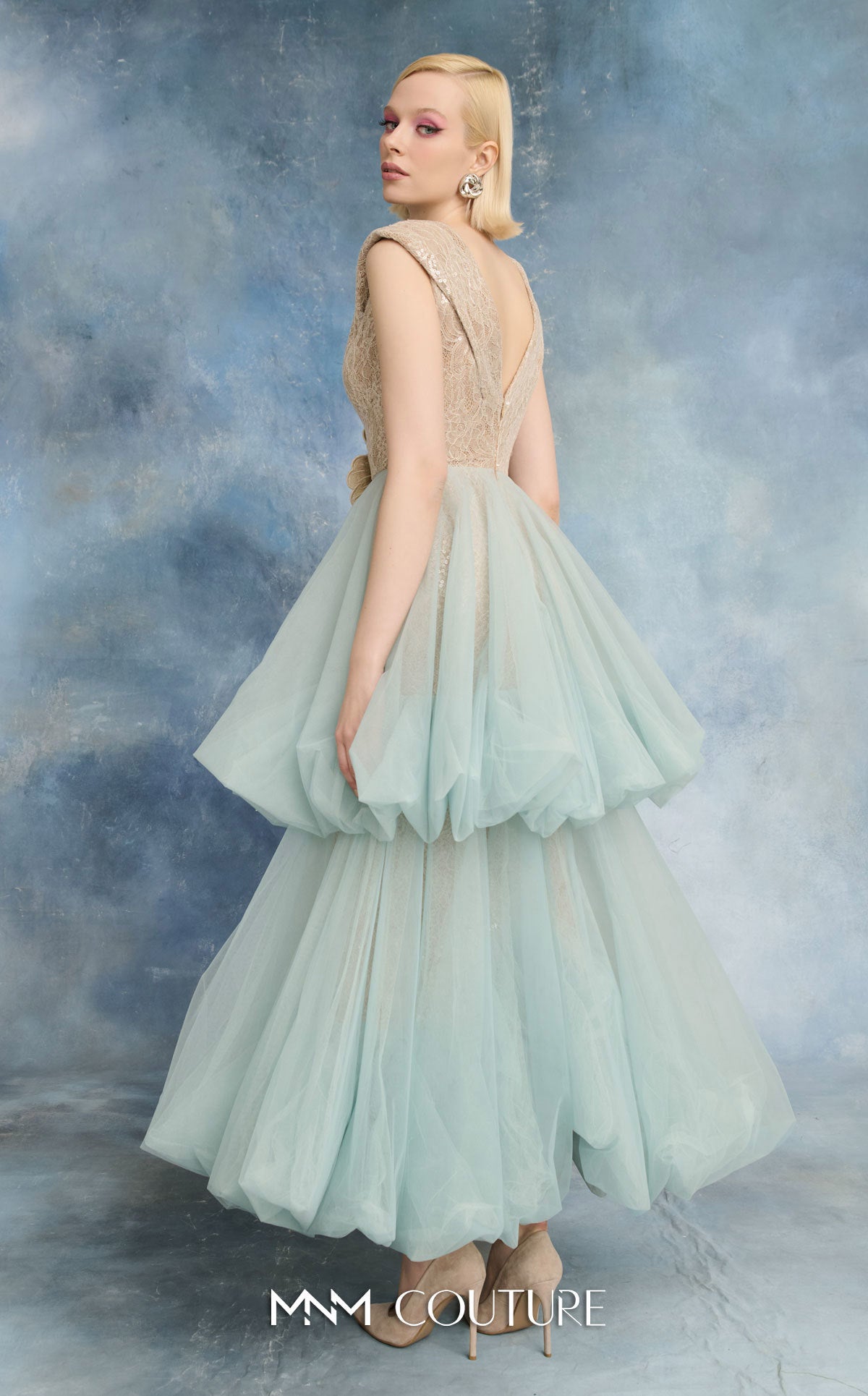 V-Neck Tea-Length Tulle Formal Ball Gown MNM Couture N0719