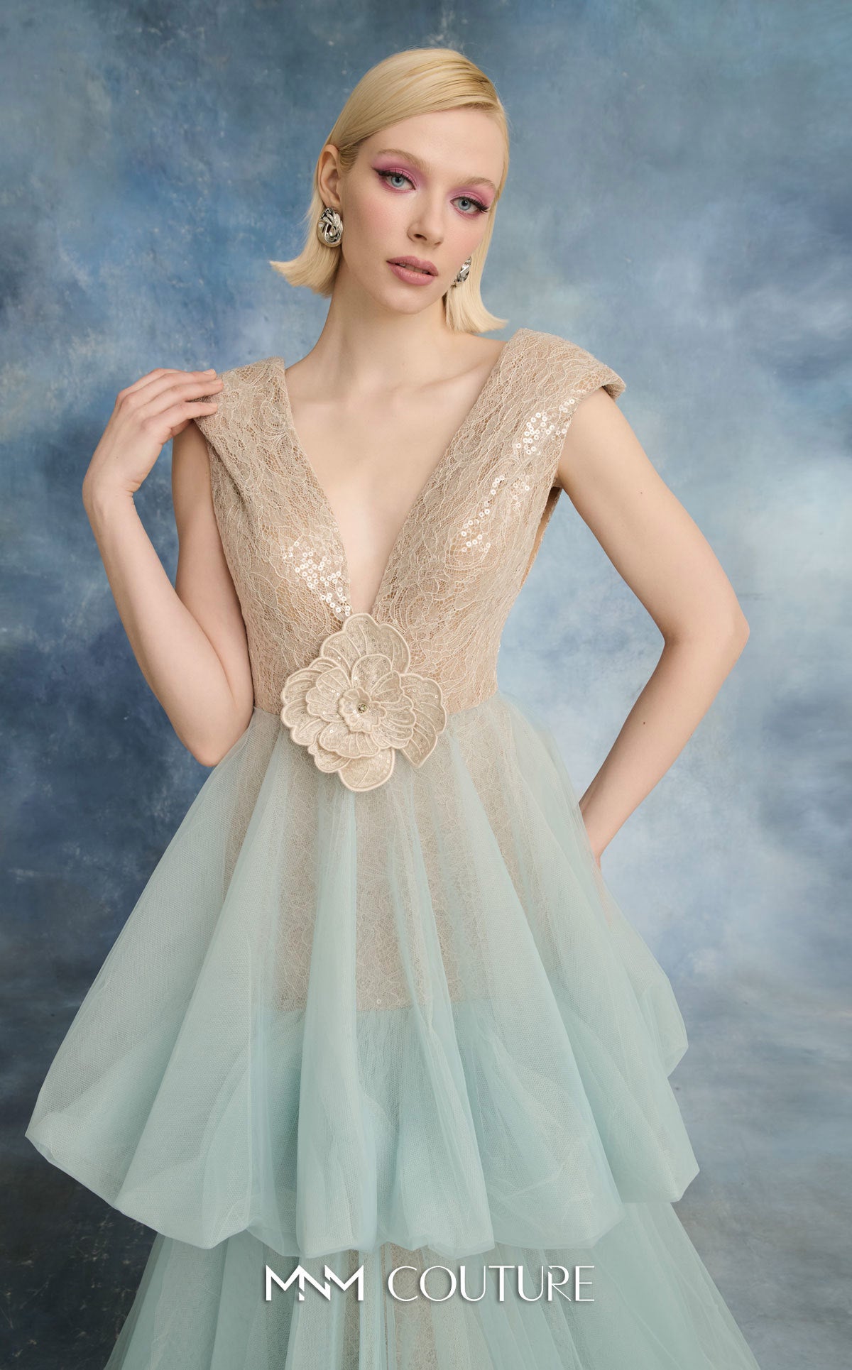 V-Neck Tea-Length Tulle Formal Ball Gown MNM Couture N0719