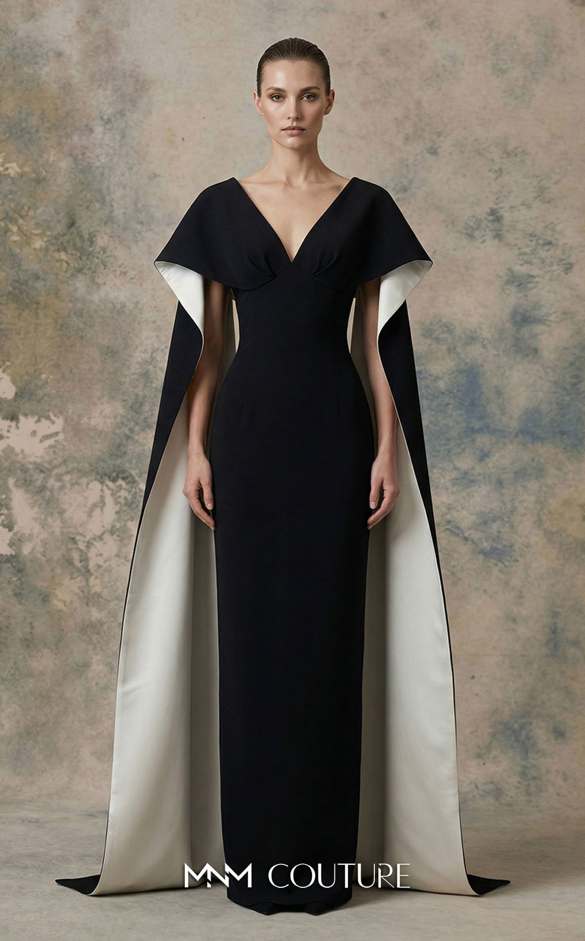 Black/White V-Neck Floor-Length Crepe Mother of the Bride Cape Sleeve Gown MNM Couture N0746