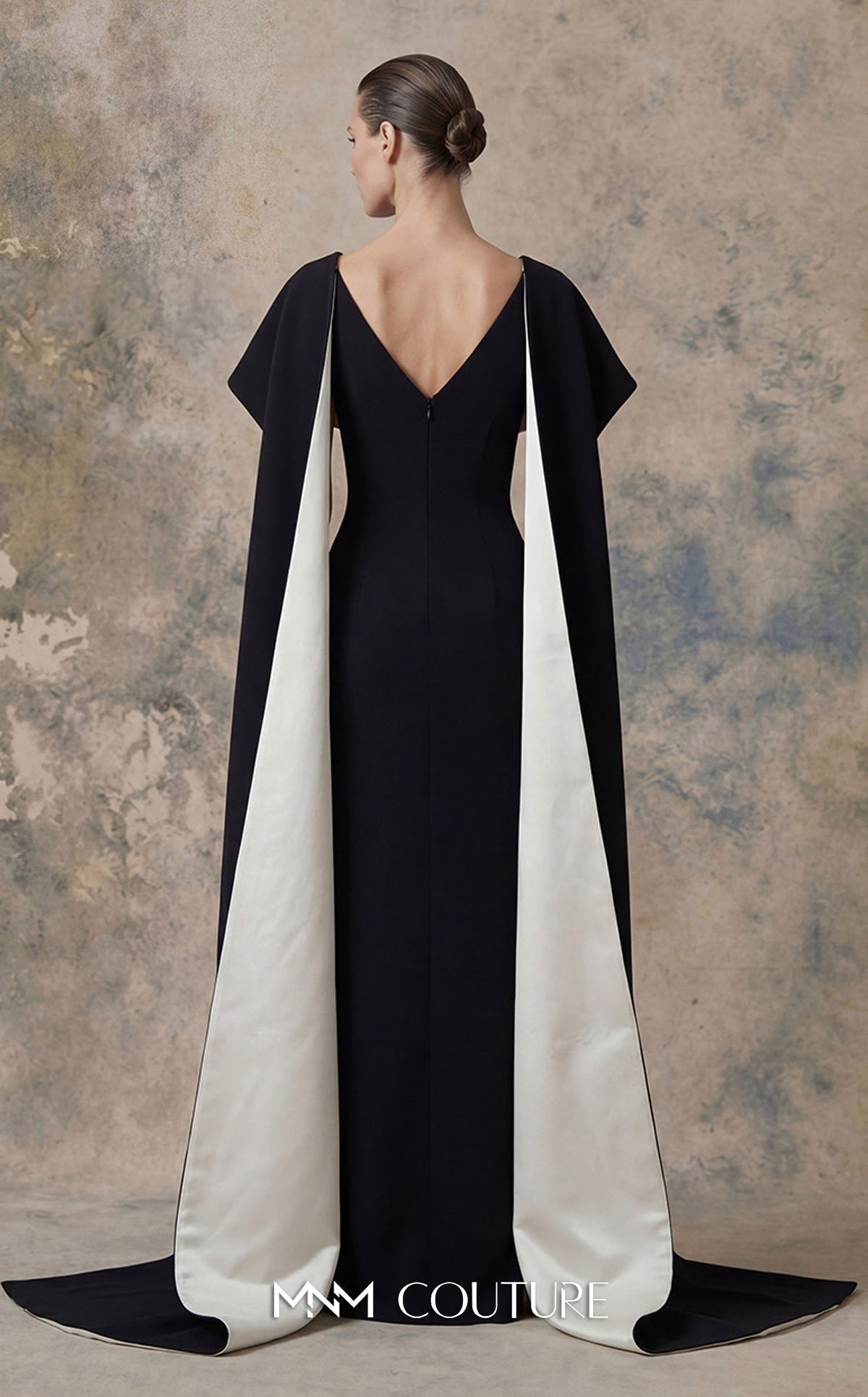 Black/White V-Neck Floor-Length Crepe Mother of the Bride Cape Sleeve Gown MNM Couture N0746