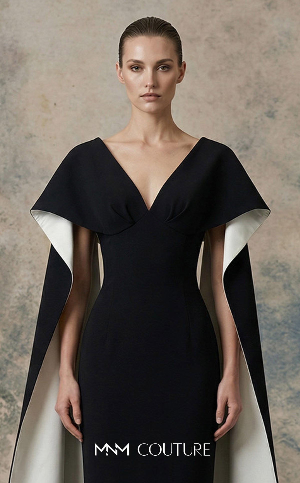 Black/White V-Neck Floor-Length Crepe Mother of the Bride Cape Sleeve Gown MNM Couture N0746