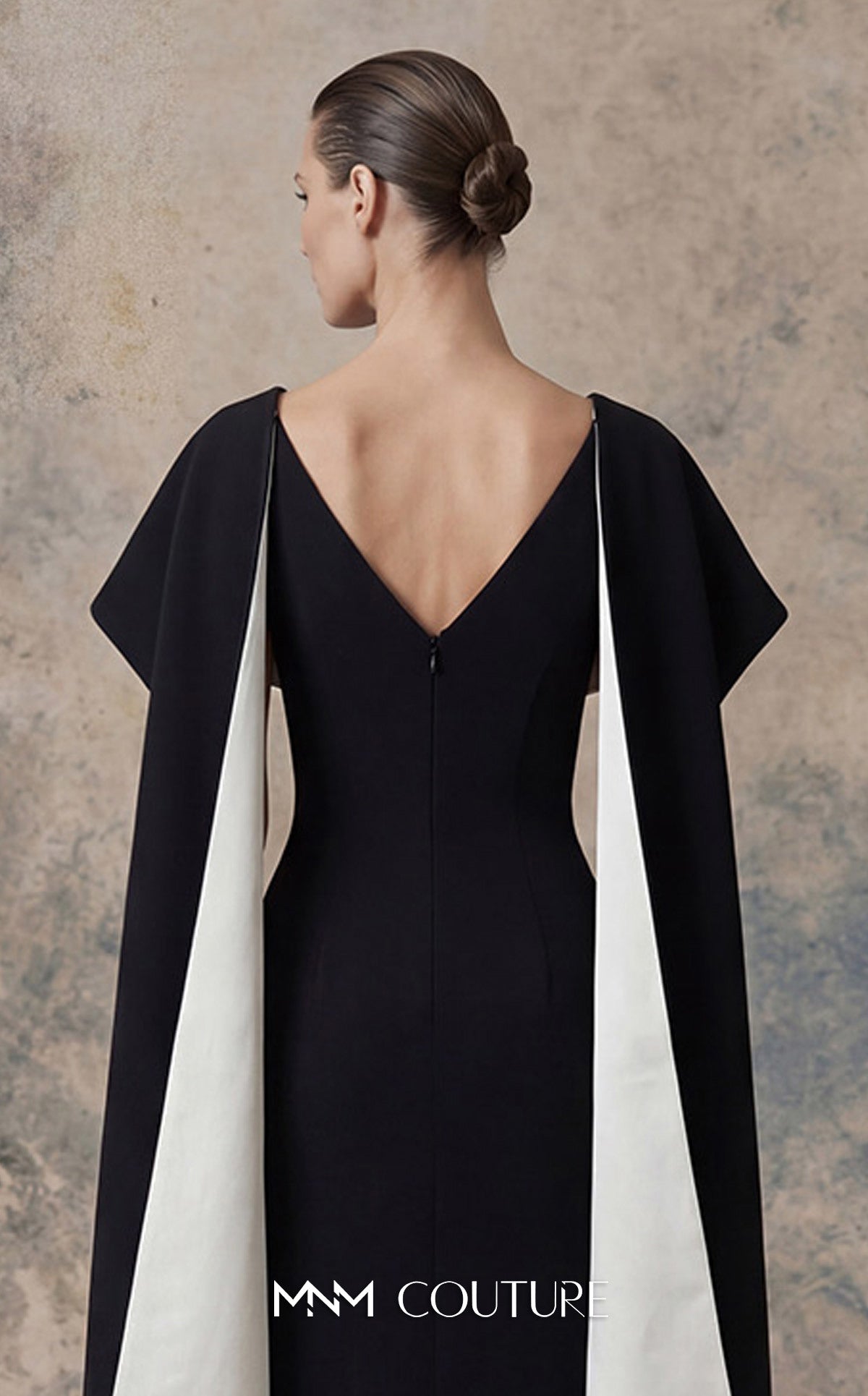 Black/White V-Neck Floor-Length Crepe Mother of the Bride Cape Sleeve Gown MNM Couture N0746
