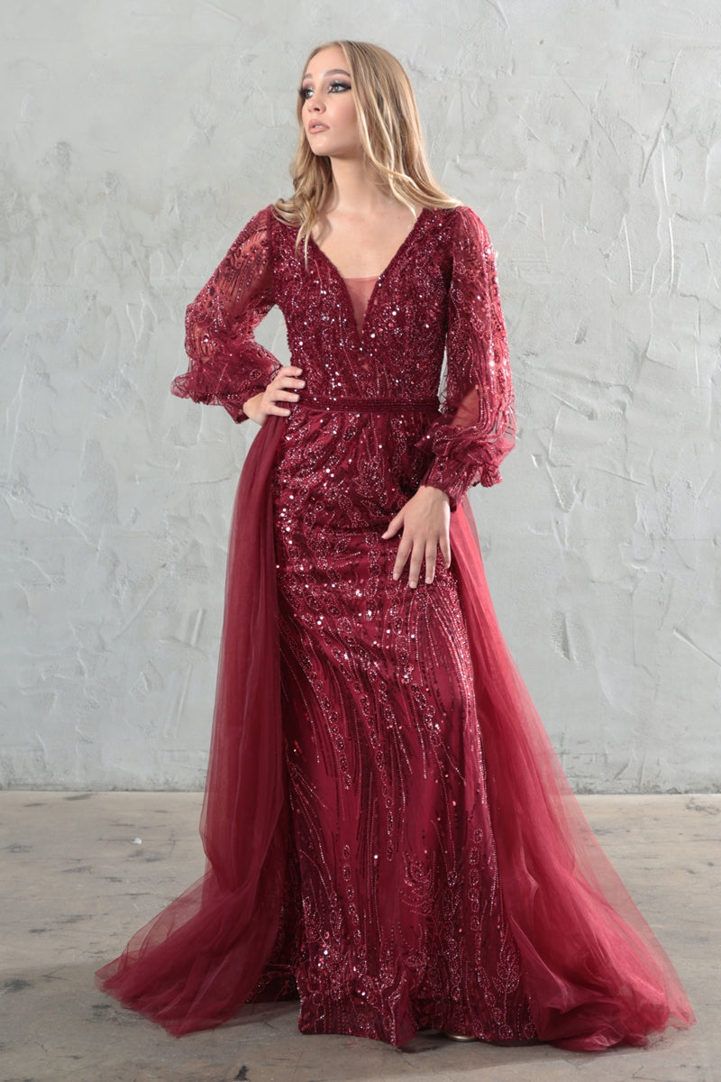 High Couture NR2216 Fitted Long Overskirt Formal Evening Lace Dress