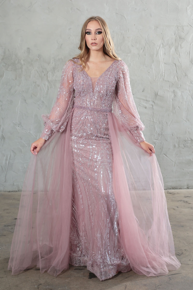 High Couture NR2216 Fitted Long Overskirt Formal Evening Lace Dress