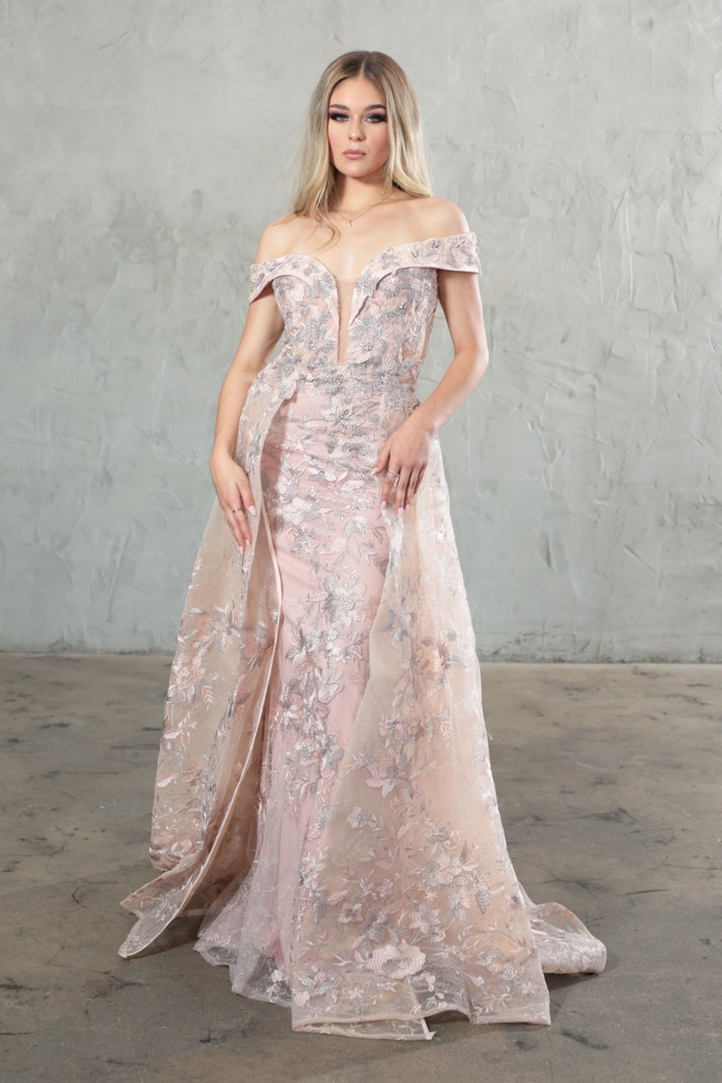High Couture NR2283 Long Floral Applique Formal Evening Dress