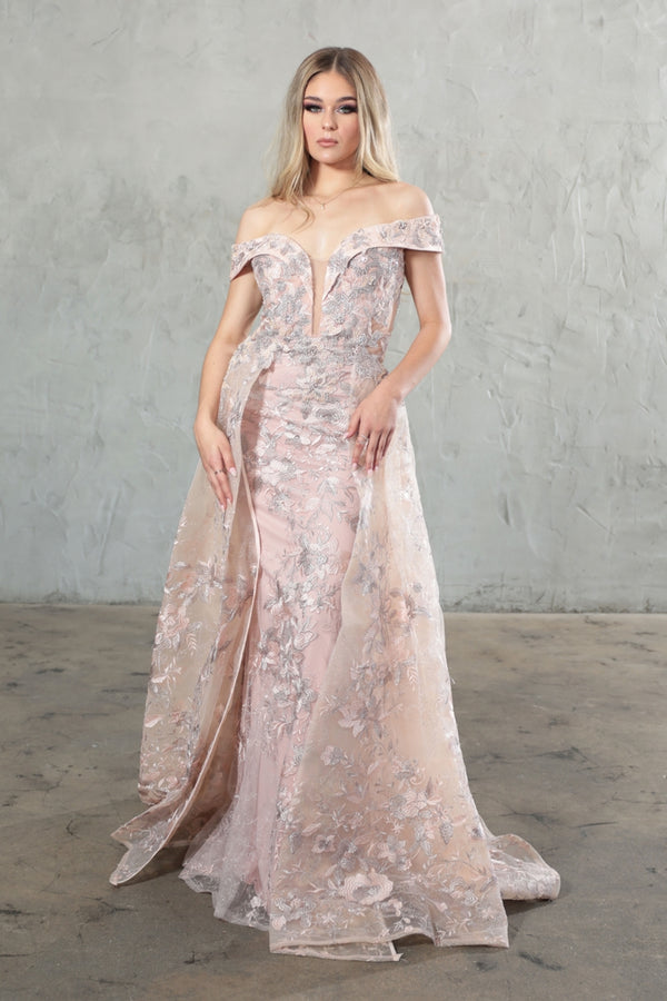 High Couture NR2283 Long Floral Applique Formal Evening Dress