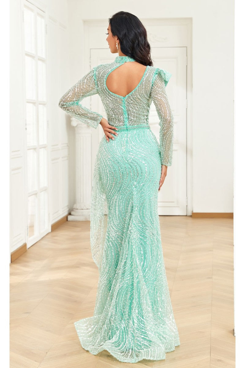 Formal Dresses Fitted Long Ruffle Sequin Formal Evening Dress Mint