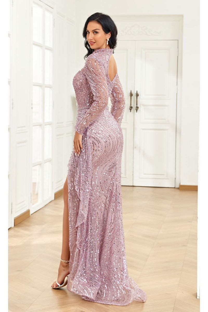 Formal Dresses Fitted Long Ruffle Sequin Formal Evening Dress Purple