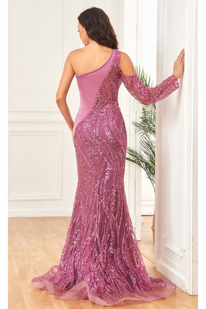 Prom Dresses Beaded Long Formal Slit Sequin Prom Dress Dusty Rose