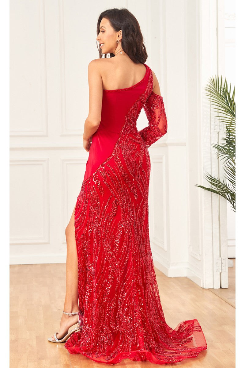 Prom Dresses Beaded Long Formal Slit Sequin Prom Dress Red