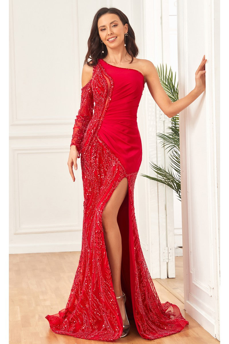 Prom Dresses Beaded Long Formal Slit Sequin Prom Dress Red