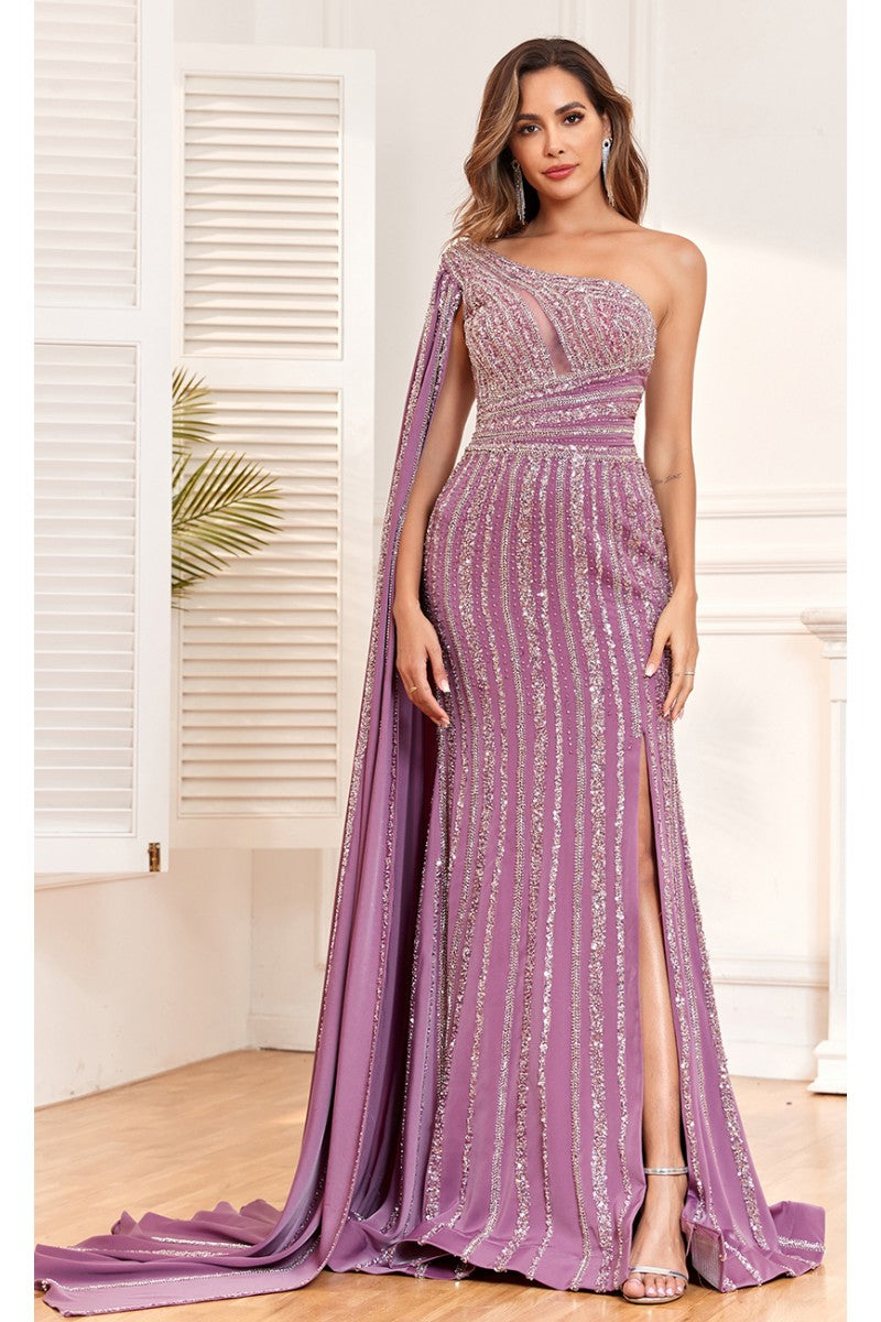 Formal Dresses Beaded Long Fitted Formal Glitter Evening Dress Purple