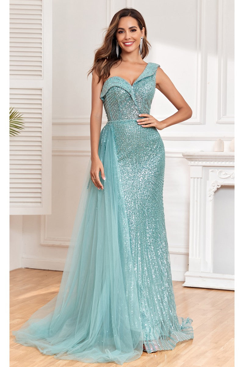 High Couture NR2303 Fitted Long Overskirt Beaded Formal Sequin Evening Dress
