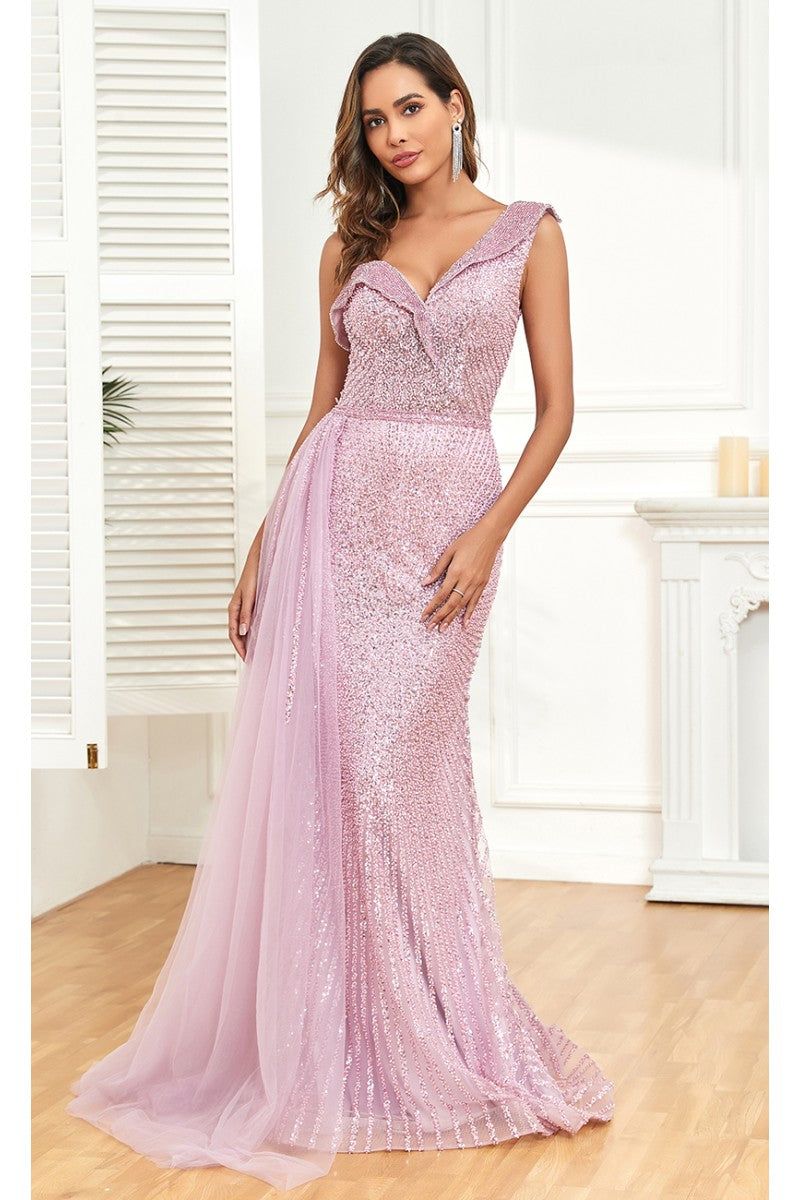 High Couture NR2303 Fitted Long Overskirt Beaded Formal Sequin Evening Dress