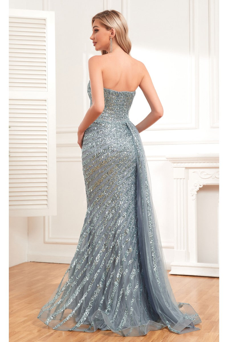 Prom Dresses Overskirt Long Beaded Slit Formal Prom Dress Smoky Blue