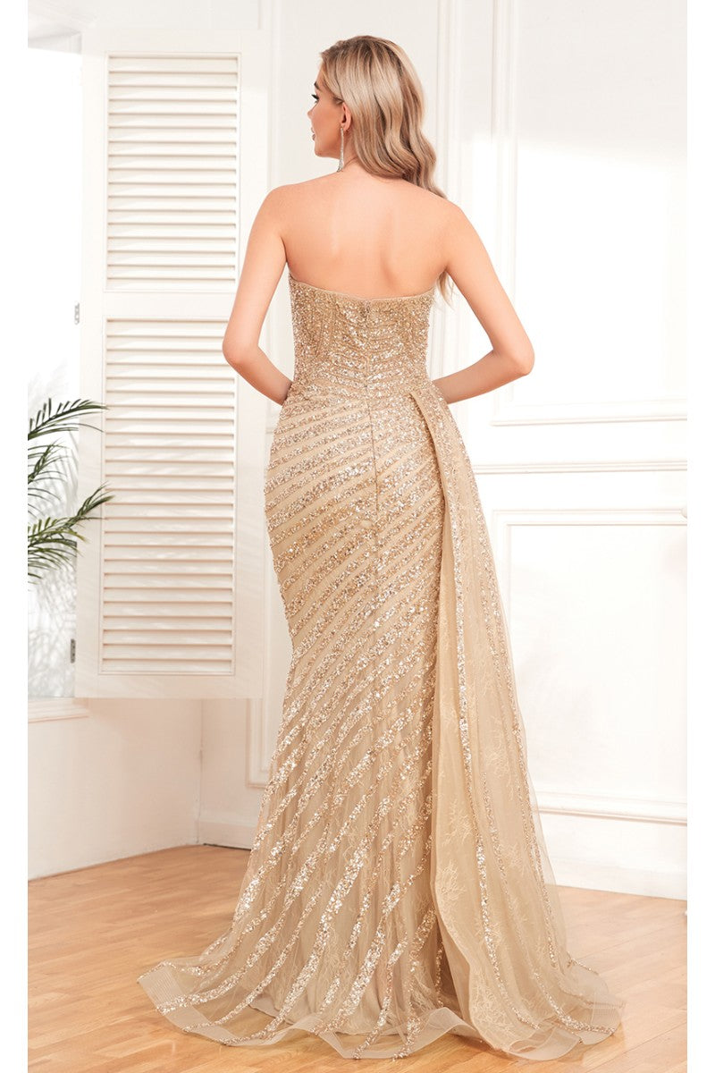 Prom Dresses Overskirt Long Beaded Slit Formal Prom Dress Gold
