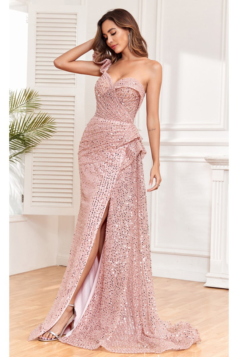 Prom Dresses Long Slit Formal Sequin Evening Dress Rose