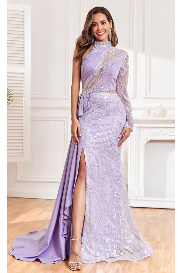 High Couture NR2311 Long Ruffle Slit Formal Beaded Evening Dress