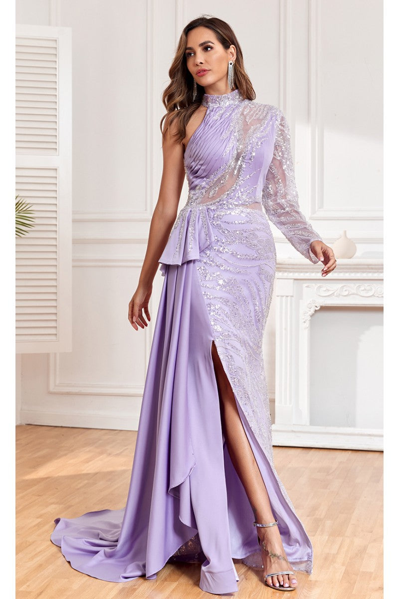 Formal Dresses Long Ruffle Slit Formal Beaded Evening Dress Purple
