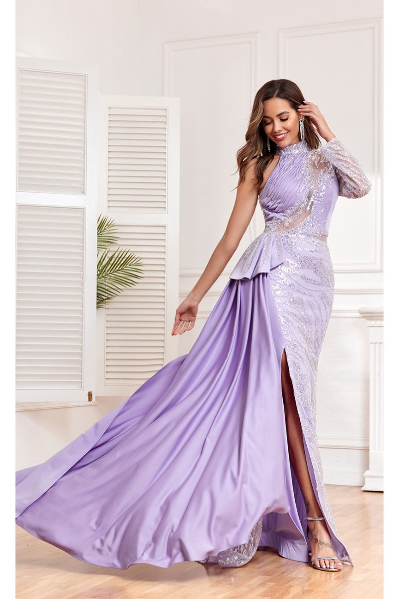 Formal Dresses Long Ruffle Slit Formal Beaded Evening Dress Purple