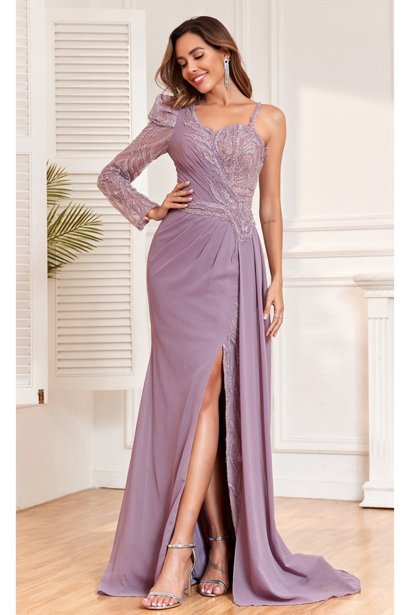 Formal Dresses Fitted Slit Formal Long Evening Beaded Dress Purple