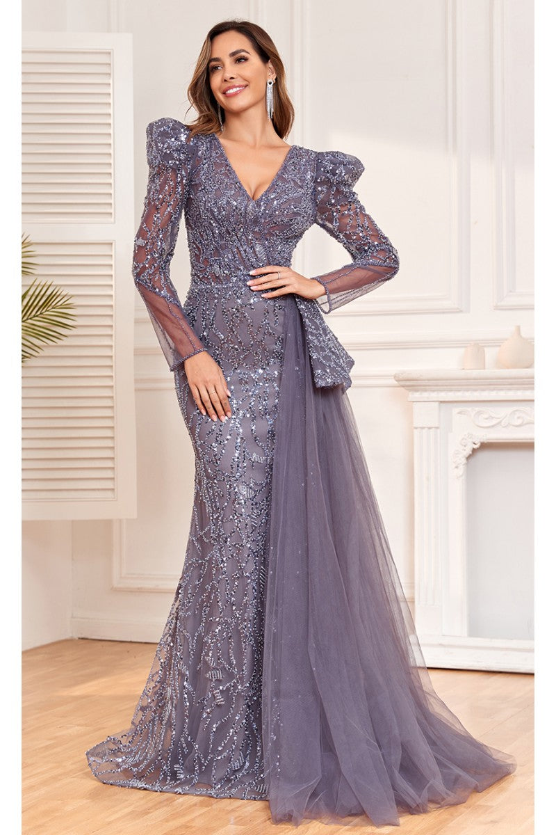 Formal Dresses Fitted Long Evening Lace Sequin Dress Plum