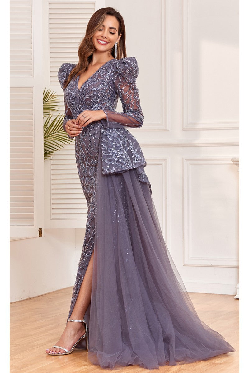 Formal Dresses Fitted Long Evening Lace Sequin Dress Plum
