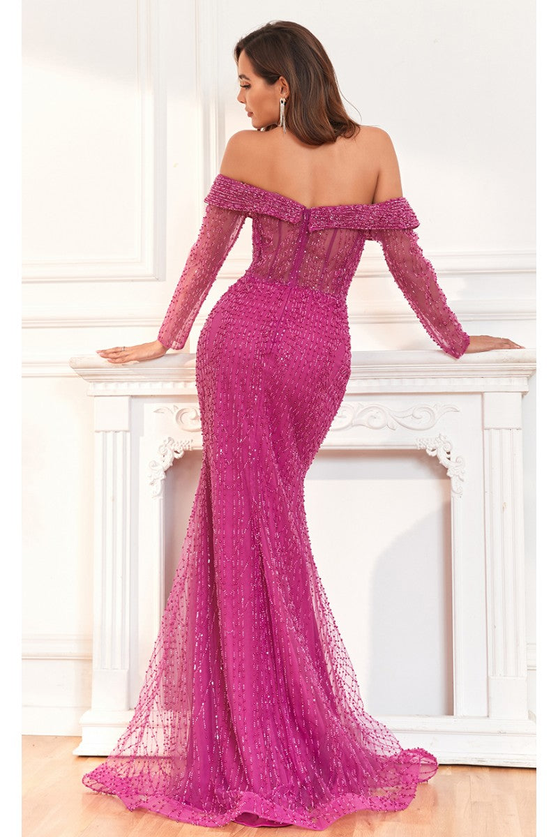 Formal Dresses Fitted Slit Long Beaded Evening Formal Dress Fuchsia