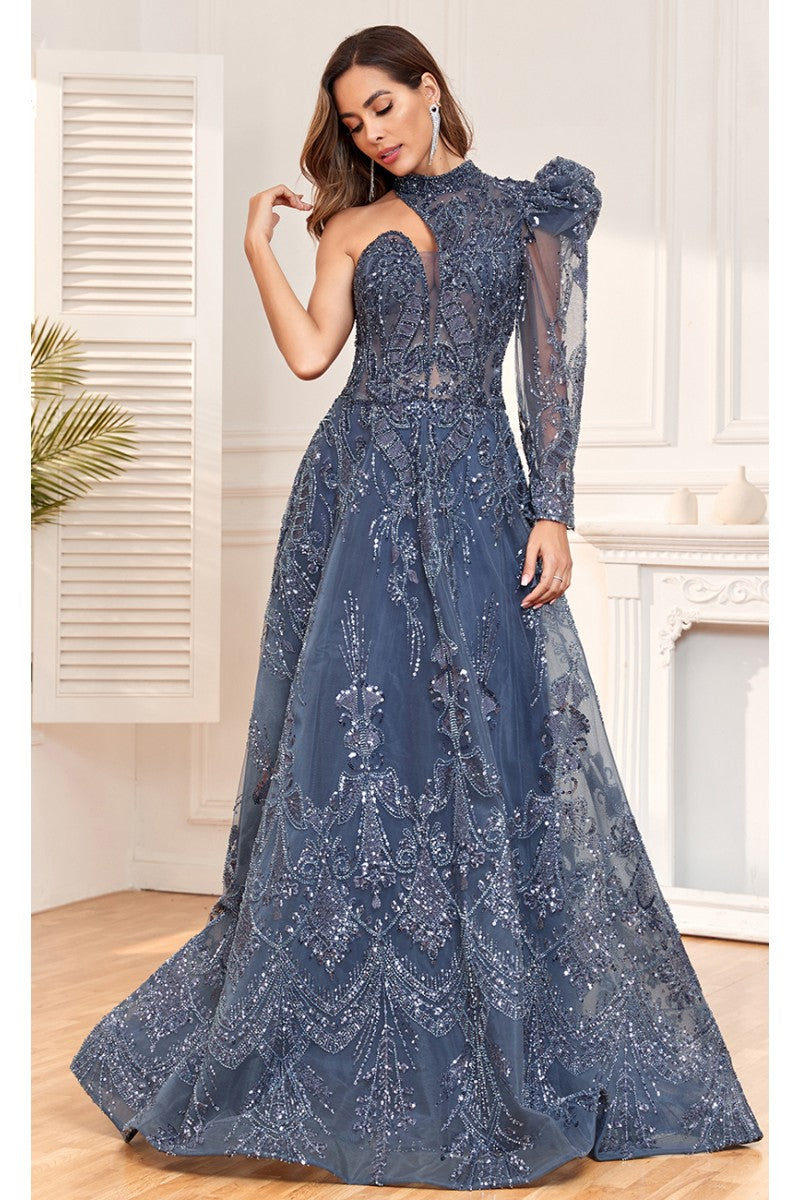 Formal Dresses Beaded Sequin Long Formal Evening A Line Dress Navy